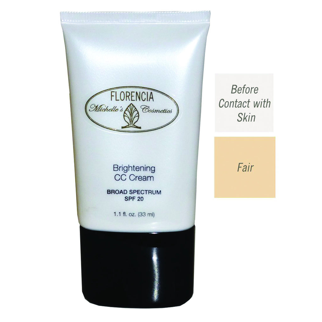 Front of the Bottle of CC Cream Brightening SPF 20 with before contact with skin color and a fair color difference. 