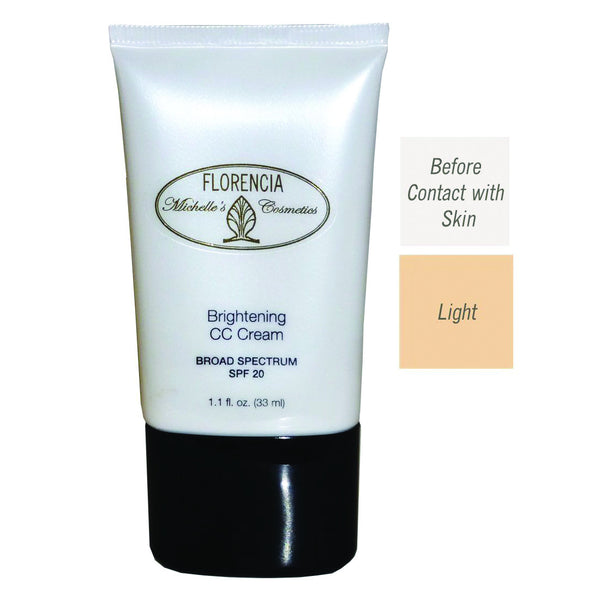 Front of the Bottle of CC Cream Brightening SPF 20 with before contact with skin color and a light color difference. 
