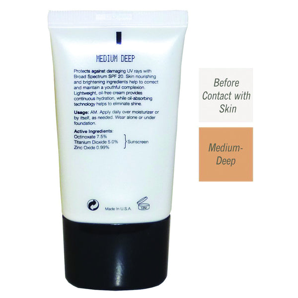Back of the Bottle of CC Cream Brightening SPF 20 with before contact with skin color and a medium-deep color difference. 