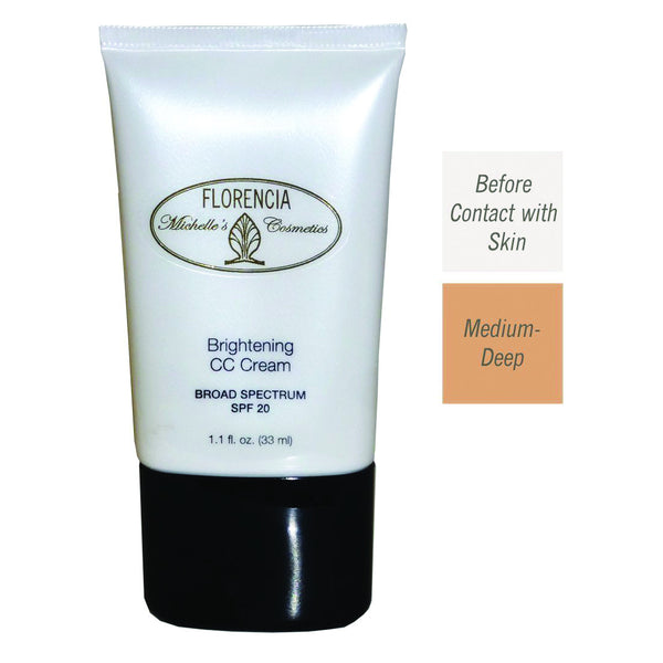 Front of the Bottle of CC Cream Brightening SPF 20 with before contact with skin color and a medium-deep color difference. 