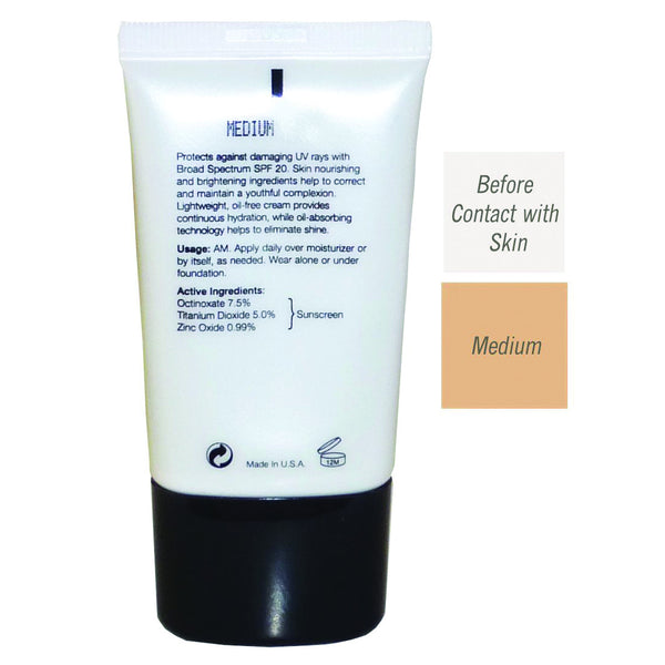 Back of the Bottle of CC Cream Brightening SPF 20 with before contact with skin color and a medium color difference. 