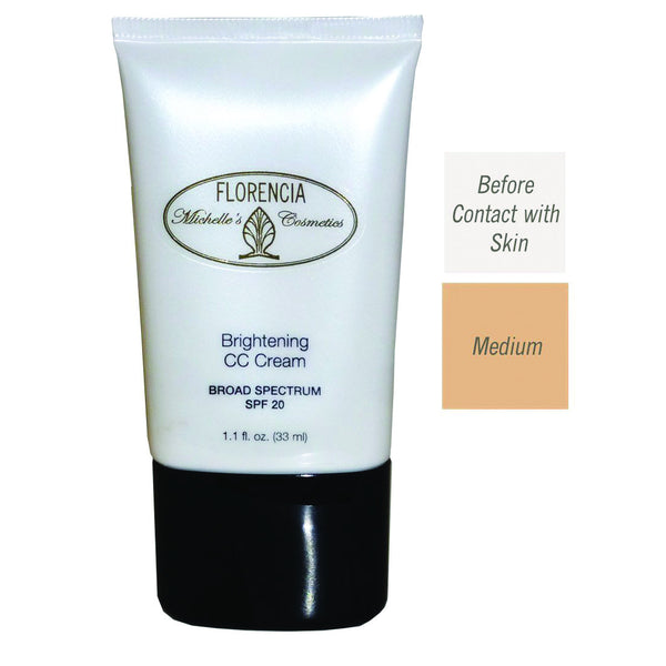 Front of the Bottle of CC Cream Brightening SPF 20 with before contact with skin color and a medium color difference. 