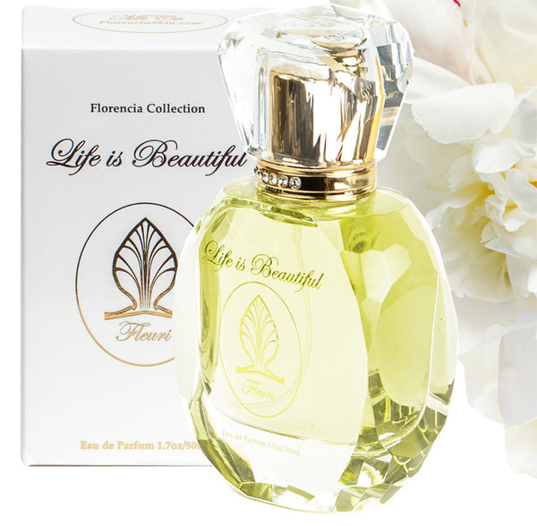 Fleuri Perfume bottle in front a perfume box.