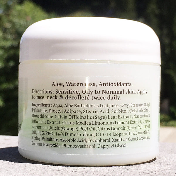 The back of a Lightweight Sage & Citrus Moisturizer jar.