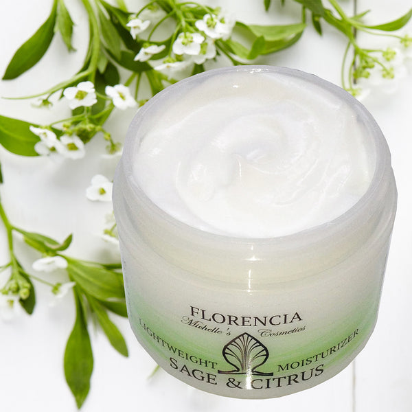 An open jar of Lightweight Sage & Citrus Moisturizer.